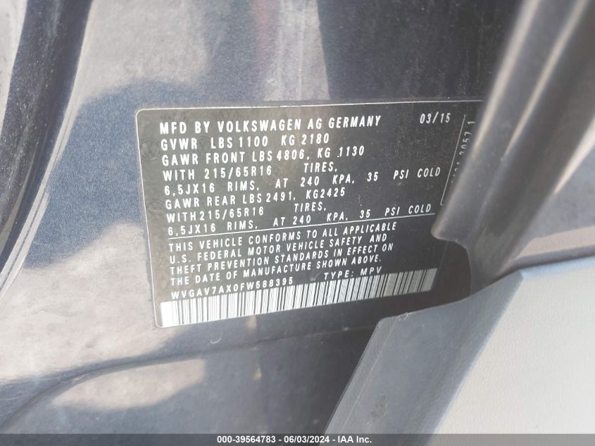 2015 Volkswagen Tiguan S VIN: WVGAV7AX0FW588395 Lot: 39564783