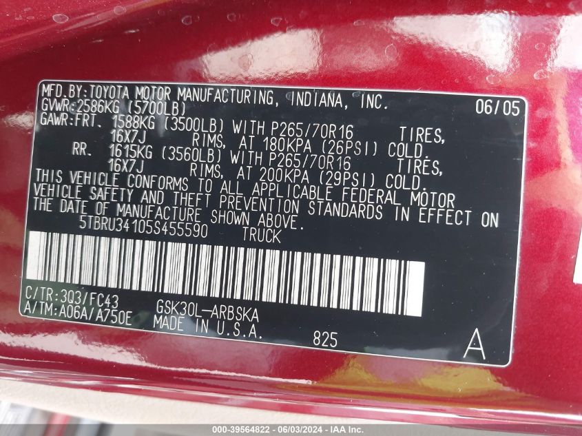 2005 Toyota Tundra Sr5 VIN: 5TBRU34105S455590 Lot: 39564822