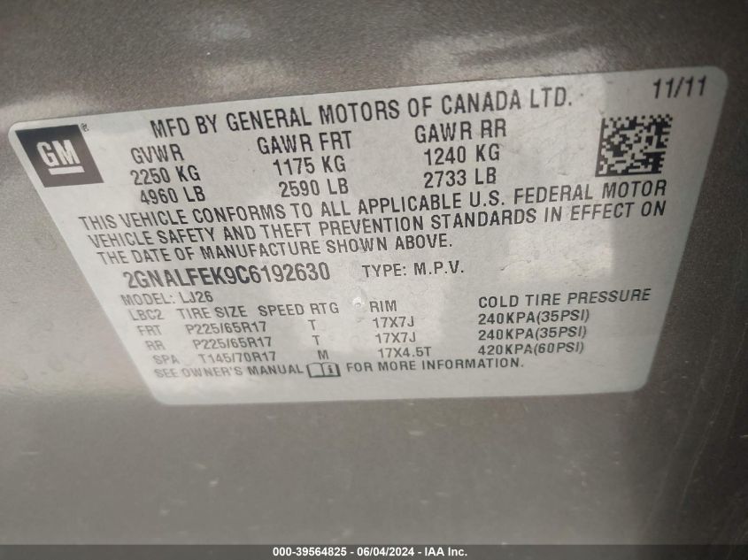 2012 Chevrolet Equinox Ltz VIN: 2GNALFEK9C6192630 Lot: 39564825