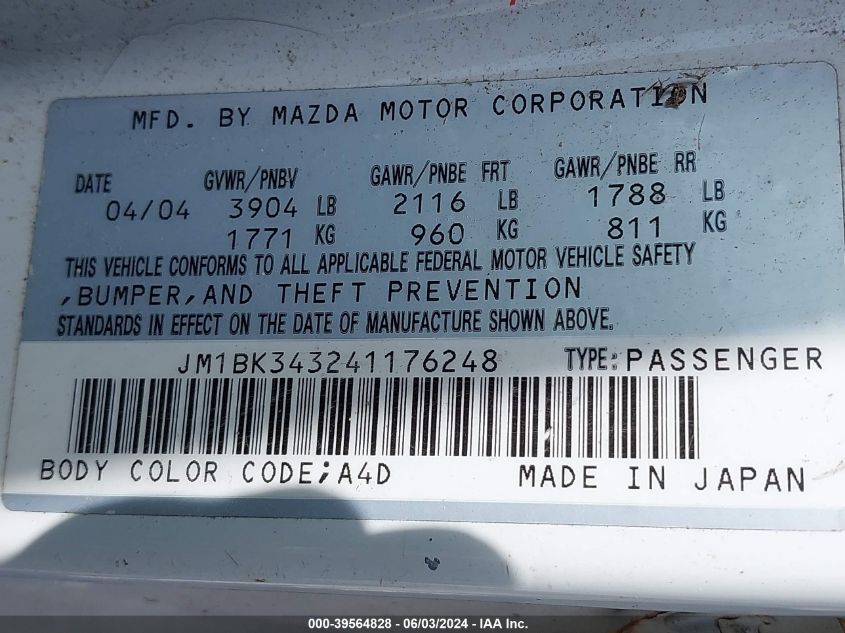 2004 Mazda Mazda3 S VIN: JM1BK343241176248 Lot: 39564828