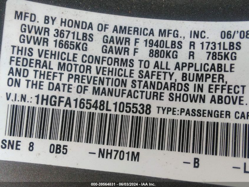 2008 Honda Civic Lx VIN: 1HGFA16548L105538 Lot: 39564831