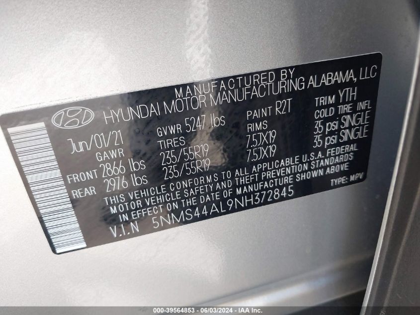 2022 Hyundai Santa Fe Limited VIN: 5NMS44AL9NH372845 Lot: 39564853