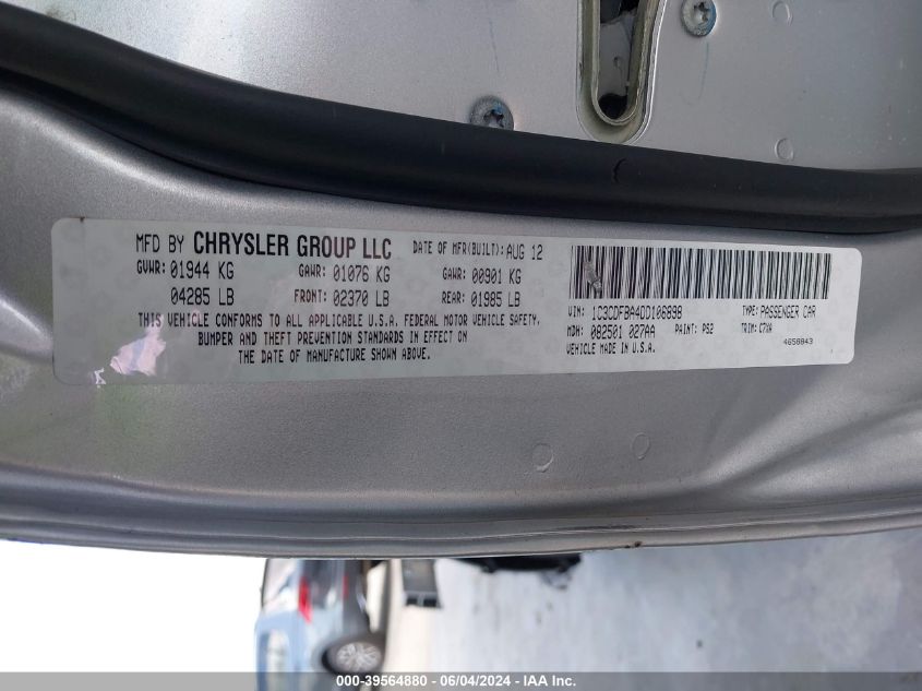 2013 Dodge Dart Rallye VIN: 1C3CDFBA4DD106898 Lot: 39564880