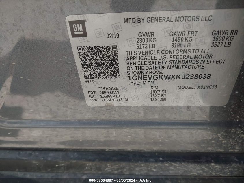 2019 Chevrolet Traverse 1Lt VIN: 1GNEVGKWXKJ238038 Lot: 39564887