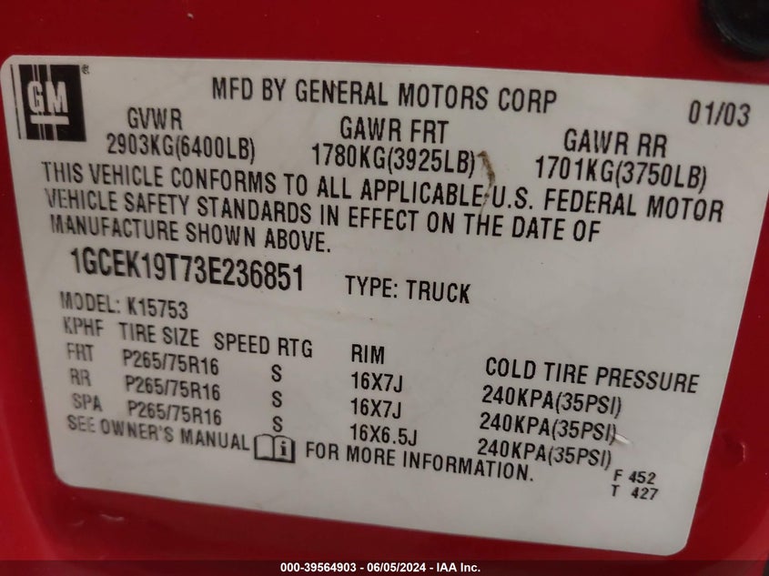 2003 Chevrolet Silverado 1500 Ls VIN: 1GCEK19T73E236851 Lot: 39564903