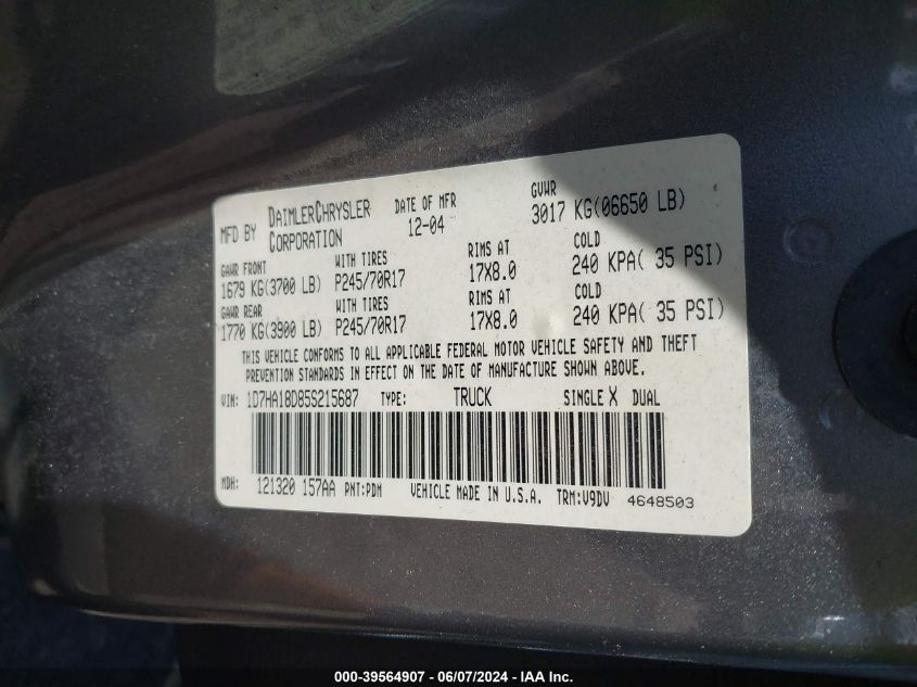 2005 Dodge Ram 1500 Slt/Laramie VIN: 1D7HA18D85S215687 Lot: 39564907