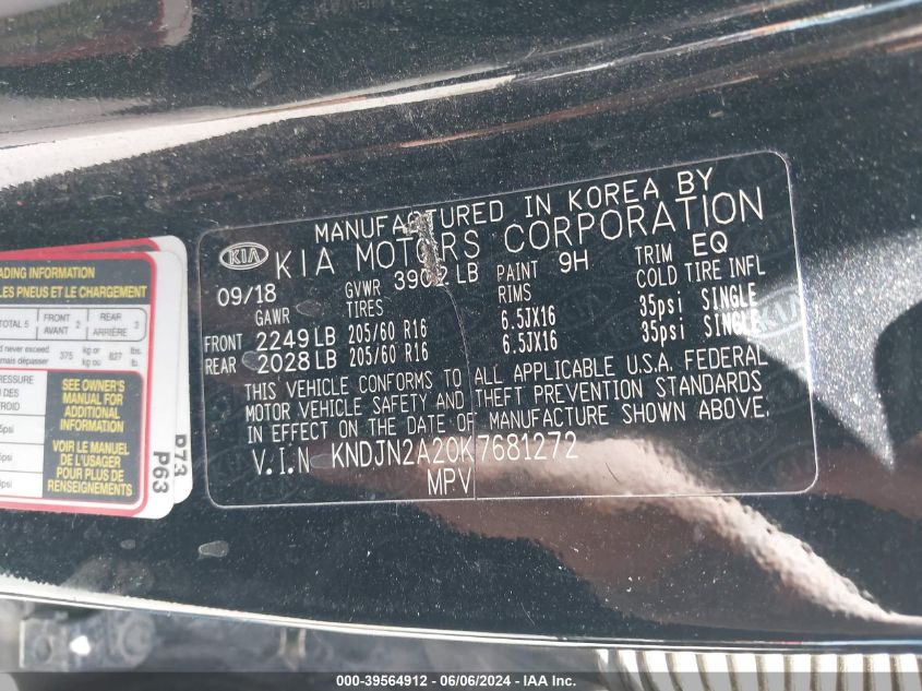 2019 Kia Soul VIN: KNDJN2A20K7681272 Lot: 39564912