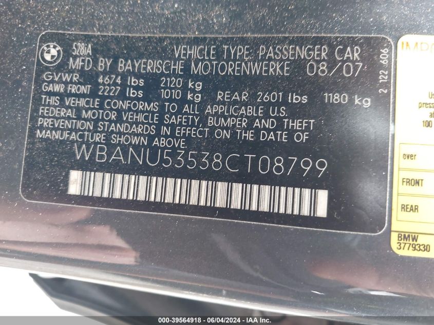 2008 BMW 528I VIN: WBANU53538CT08799 Lot: 39564918
