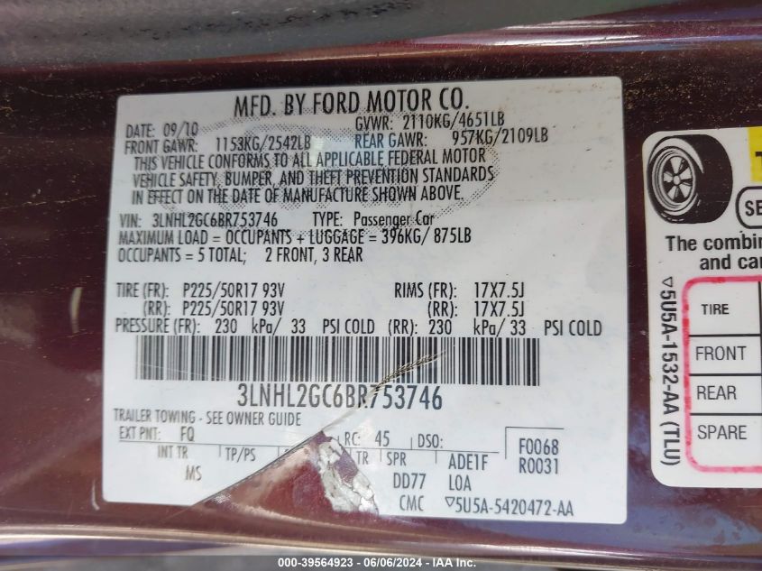 2011 Lincoln Mkz VIN: 3LNHL2GC6BR753746 Lot: 39564923