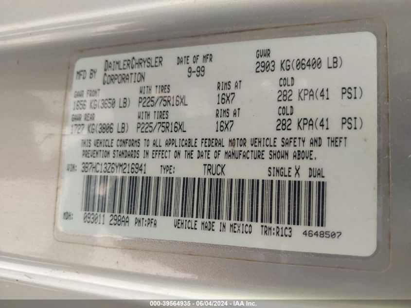 2000 Dodge Ram 1500 St VIN: 3B7HC13Z6YM216941 Lot: 39564935