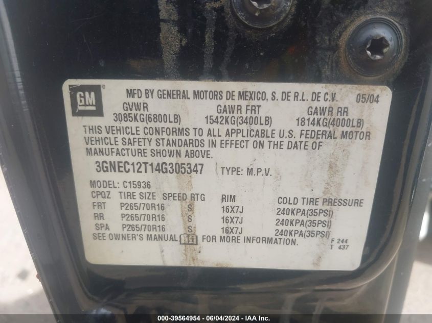 2004 Chevrolet Avalanche 1500 VIN: 3GNEC12T14G305347 Lot: 39564954