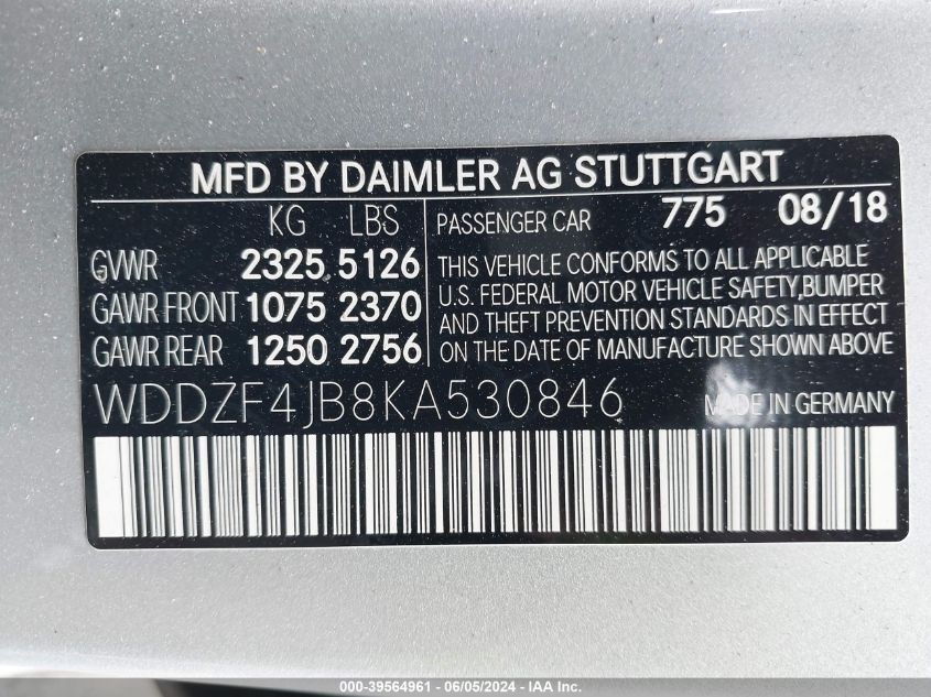 2019 Mercedes-Benz E 300 VIN: WDDZF4JB8KA530846 Lot: 39564961