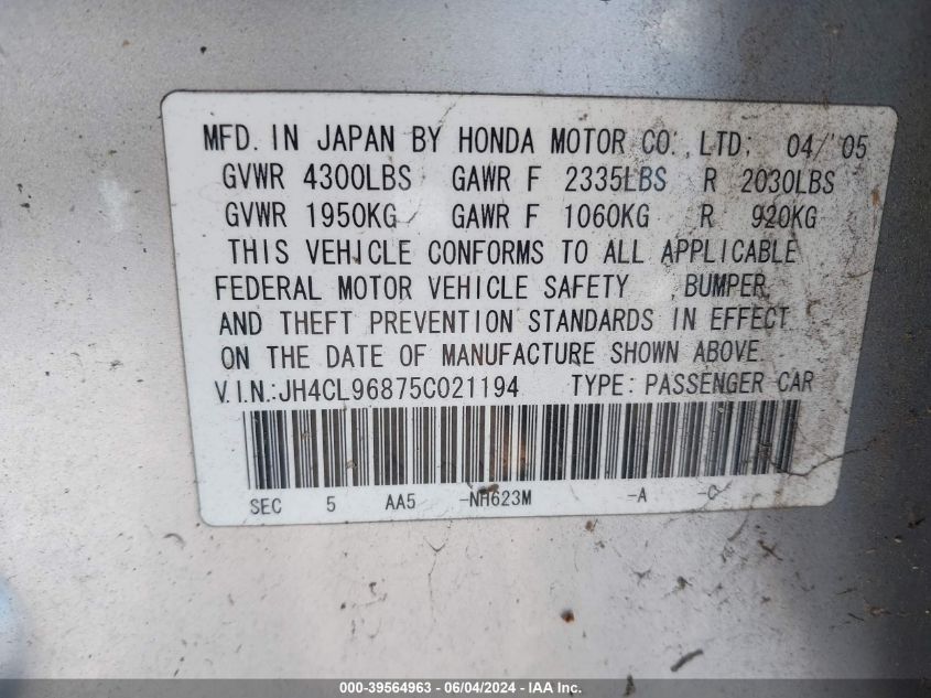 2005 Acura Tsx VIN: JH4CL96875C021194 Lot: 39564963