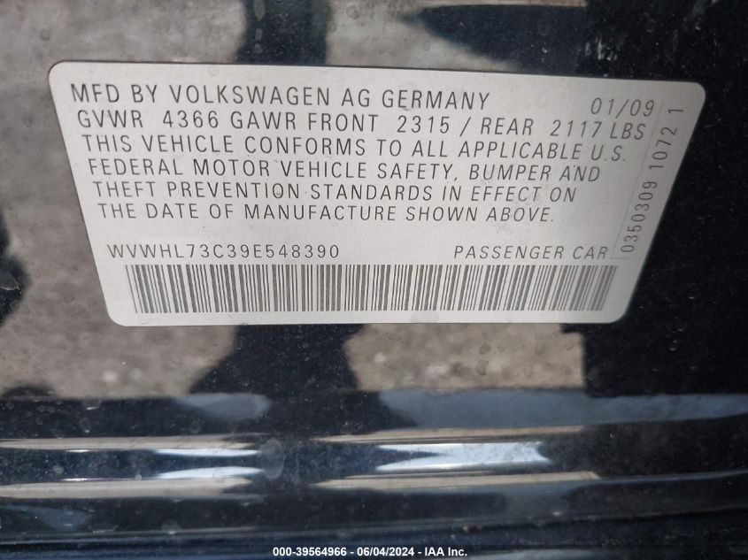 2009 Volkswagen Cc Luxury VIN: WVWHL73C39E548390 Lot: 39564966