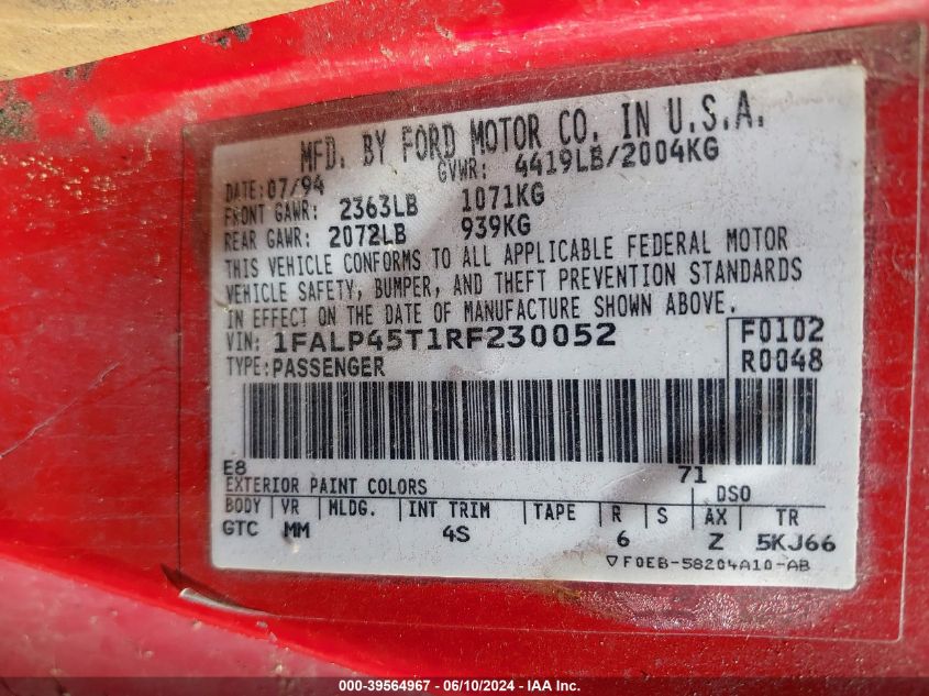 1994 Ford Mustang Gt VIN: 1FALP45T1RF230052 Lot: 39564967