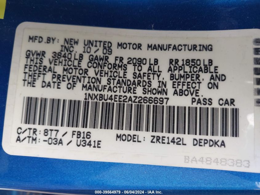 2010 Toyota Corolla VIN: 1NXBU4EE2AZ266697 Lot: 39564979