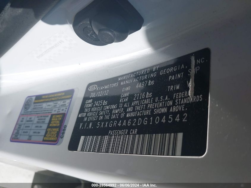 2013 Kia Optima Sx VIN: 5XXGR4A62DG104542 Lot: 39564992