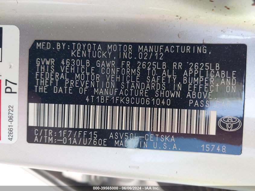 2012 Toyota Camry Se VIN: 4T1BF1FK9CU061040 Lot: 39565000