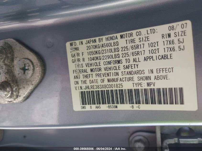 2008 Honda Cr-V Lx VIN: JHLRE383X8C001825 Lot: 39565006