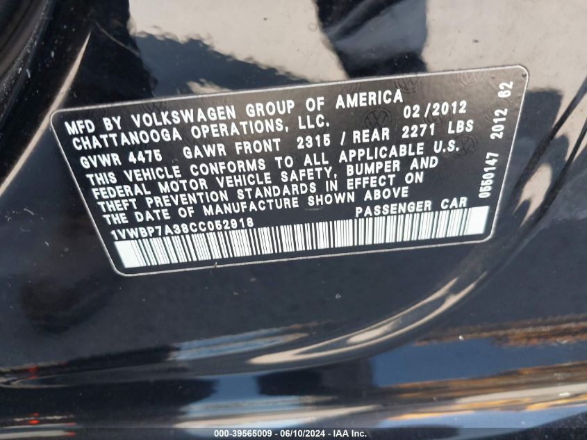2012 Volkswagen Passat 2.5L Se VIN: 1VWBP7A38CC052918 Lot: 39565009