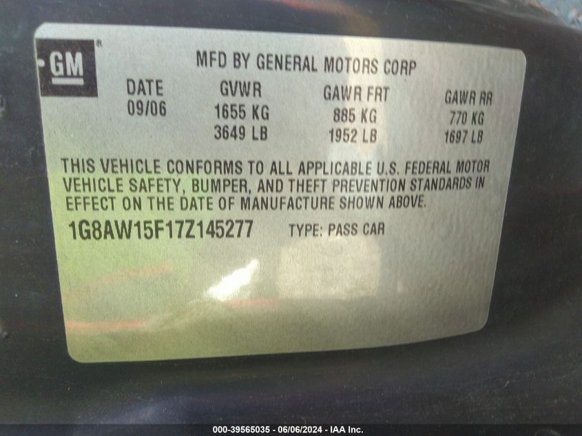 2007 Saturn Ion Level 3 VIN: 1G8AW15F17Z145277 Lot: 39565035