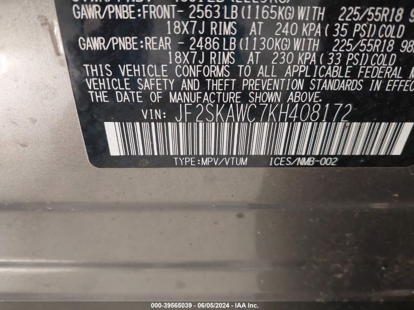 2019 Subaru Forester Touring VIN: JF2SKAWC7KH408172 Lot: 39565039