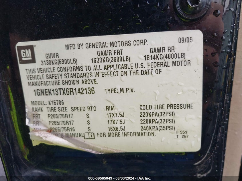 2006 Chevrolet Tahoe Lt VIN: 1GNEK13TX6R142136 Lot: 39565049