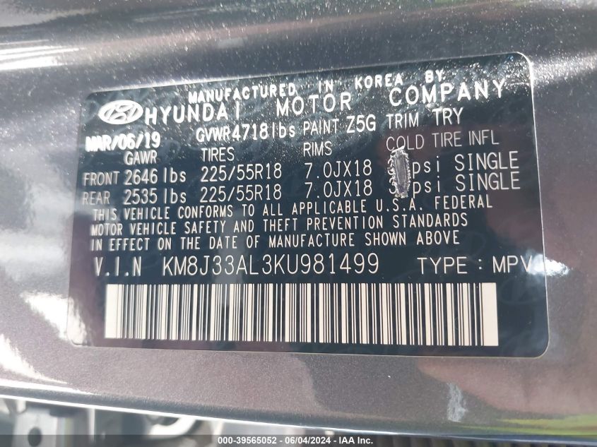 2019 Hyundai Tucson Limited VIN: KM8J33AL3KU981499 Lot: 39565052