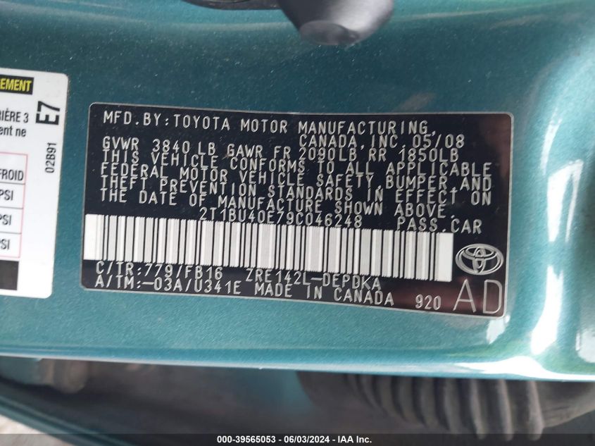 2009 Toyota Corolla Le VIN: 2T1BU40E79C046248 Lot: 39565053