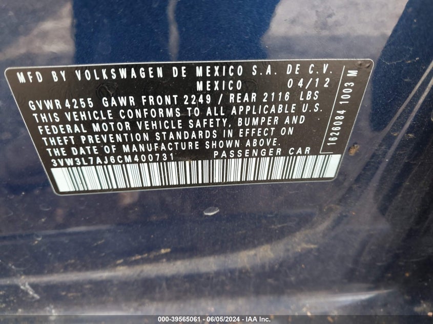 2012 Volkswagen Jetta 2.0L Tdi VIN: 3VW3L7AJ6CM400731 Lot: 39565061