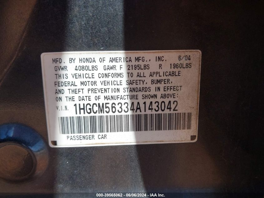 2004 Honda Accord 2.4 Lx VIN: 1HGCM56334A143042 Lot: 39565062