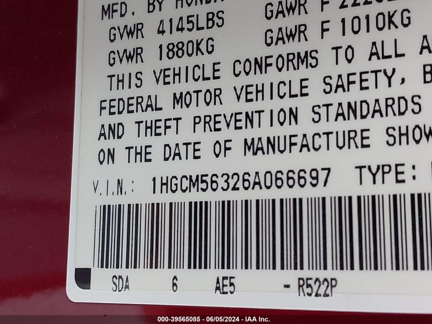 2006 Honda Accord 2.4 Se VIN: 1HGCM56326A066697 Lot: 39565085