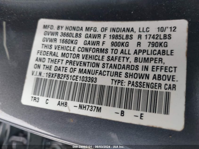 2012 Honda Civic Lx VIN: 19XFB2F51CE103393 Lot: 39565101