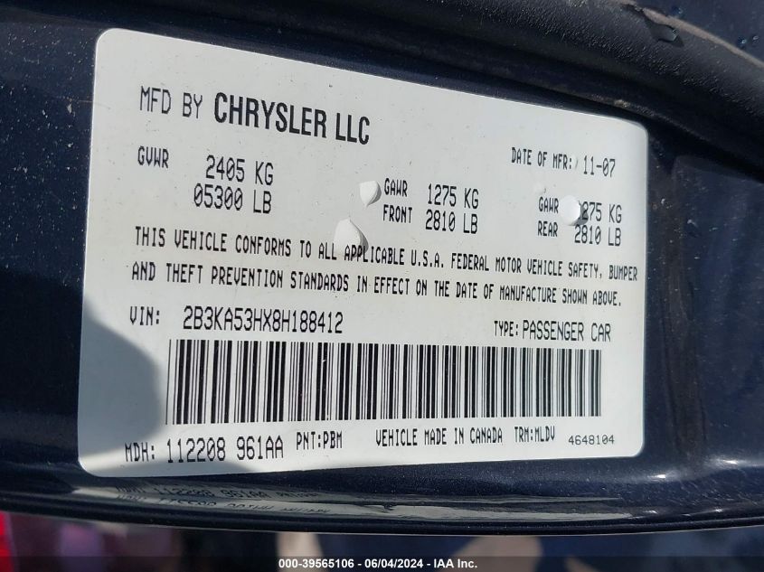 2008 Dodge Charger R/T VIN: 2B3KA53HX8H188412 Lot: 39565106