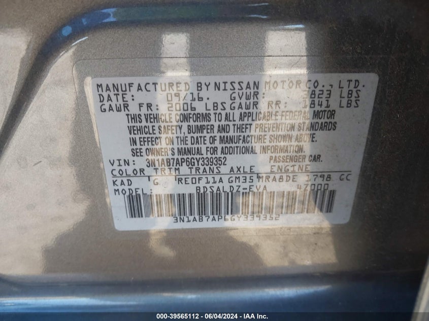 2016 Nissan Sentra Sv VIN: 3N1AB7AP6GY339352 Lot: 39565112