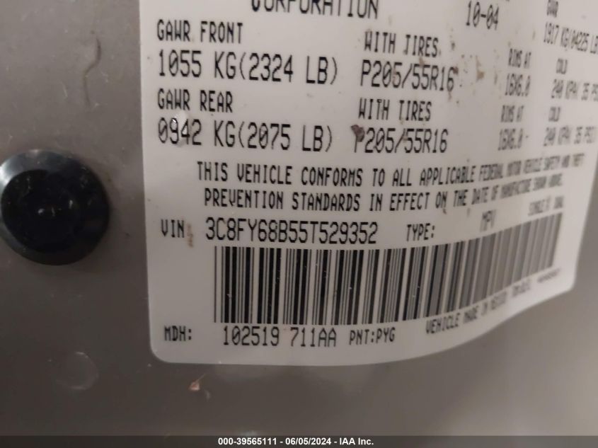 2005 Chrysler Pt Cruiser Limited VIN: 3C8FY68B55T529352 Lot: 39565111