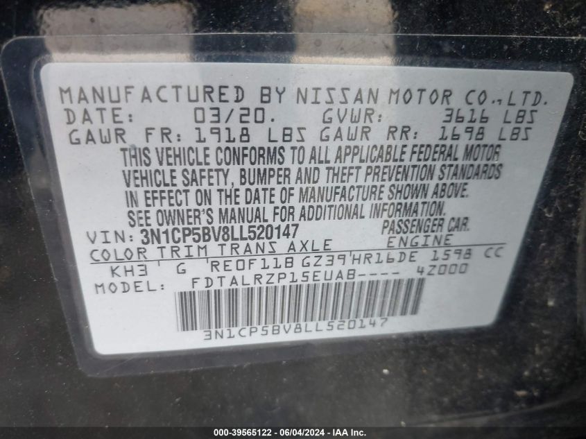 2020 Nissan Kicks S Xtronic Cvt VIN: 3N1CP5BV8LL520147 Lot: 39565122