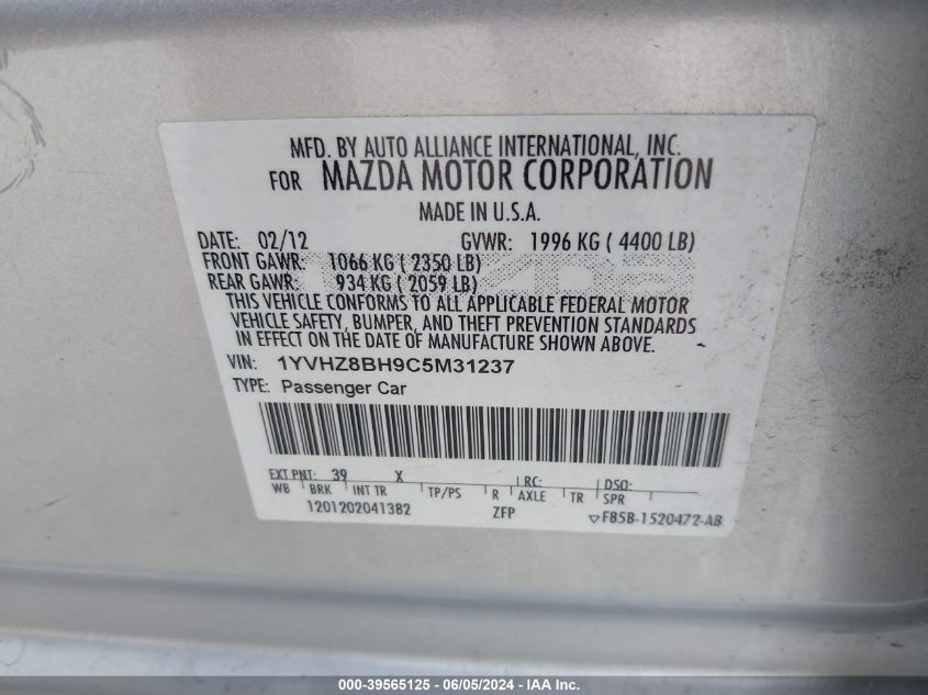 2012 Mazda Mazda6 I Sport VIN: 1YVHZ8BH9C5M31237 Lot: 39565125