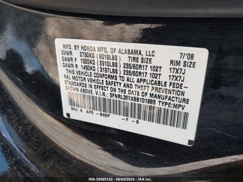 2008 Honda Odyssey Touring VIN: 5FNRL389X8B101885 Lot: 39565142