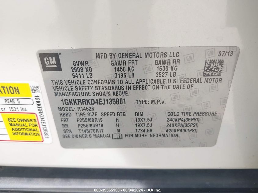 2014 GMC Acadia Slt-1 VIN: 1GKKRRKD4EJ135801 Lot: 39565153