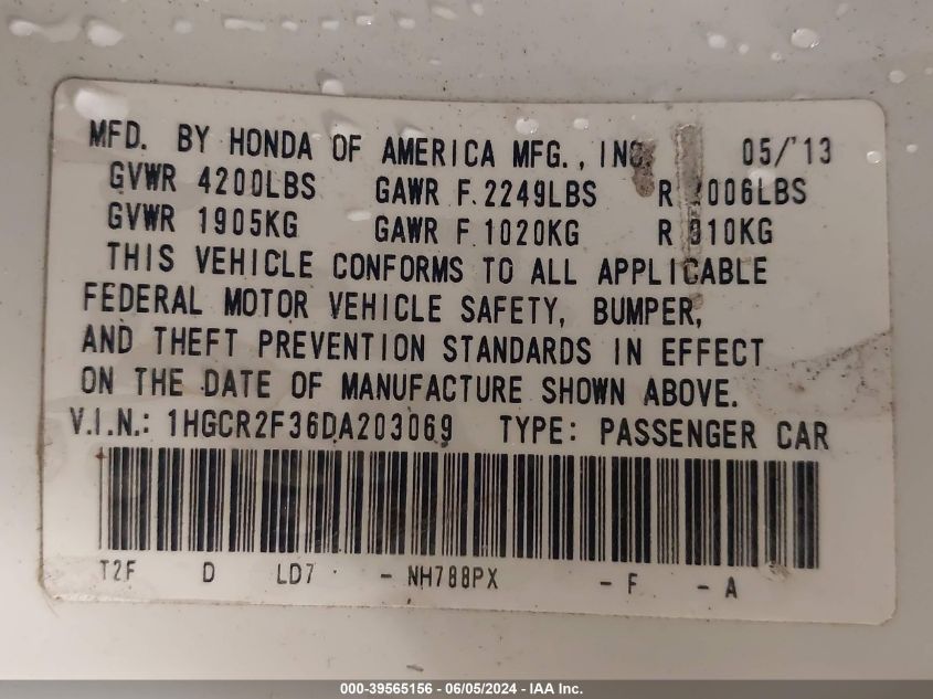 2013 Honda Accord Lx VIN: 1HGCR2F36DA203069 Lot: 40580787