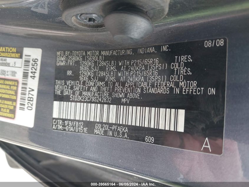 2009 Toyota Sienna Ce VIN: 5TDZK23C79S242832 Lot: 39565164