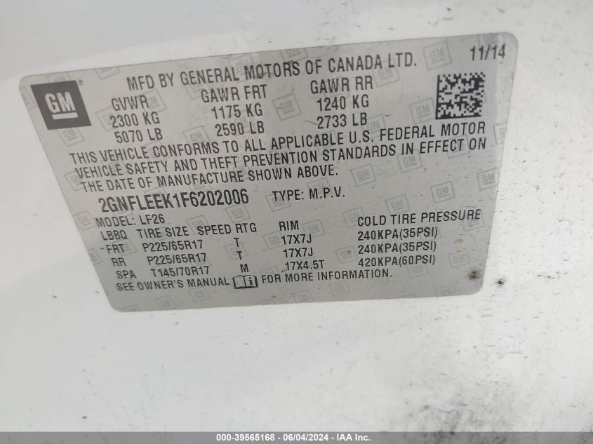 2015 Chevrolet Equinox Ls VIN: 2GNFLEEK1F6202006 Lot: 39565168