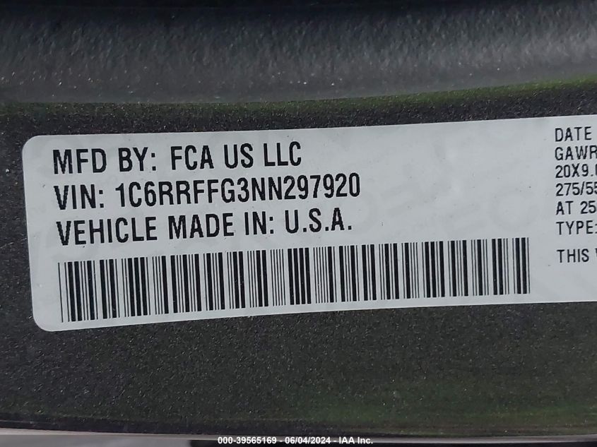 2022 Ram 1500 Lone Star 4X4 5'7 Box VIN: 1C6RRFFG3NN297920 Lot: 39565169