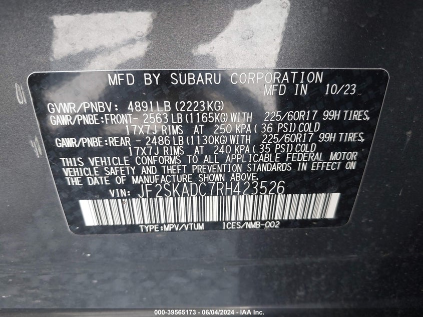 2024 Subaru Forester Premium VIN: JF2SKADC7RH423526 Lot: 39565173
