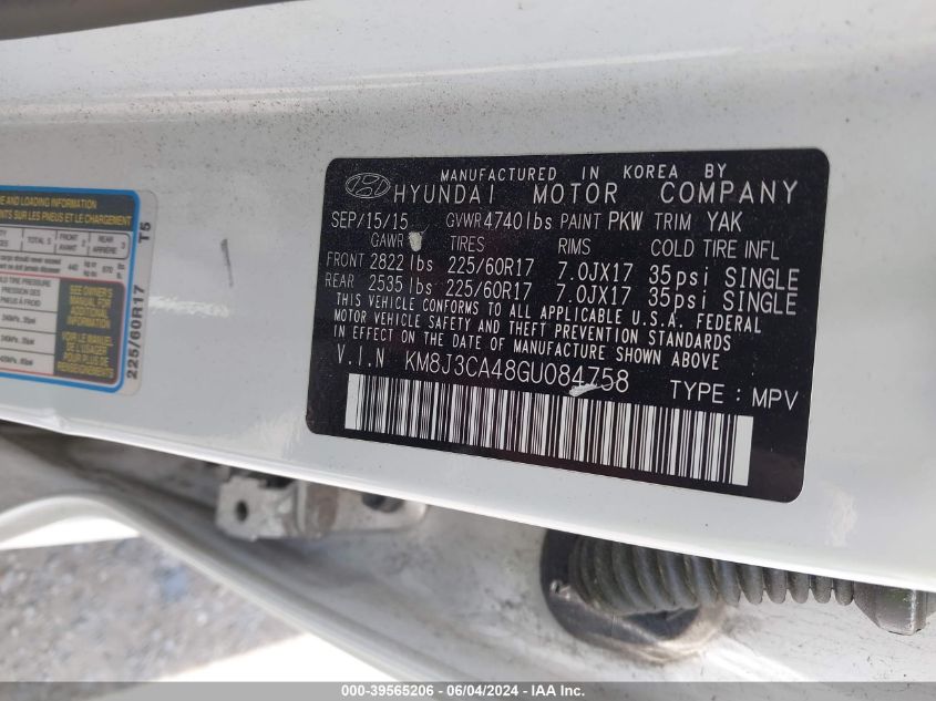 2016 Hyundai Tucson Se VIN: KM8J3CA48GU084758 Lot: 39565206