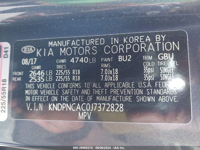 2018 Kia Sportage Ex VIN: KNDPNCAC0J7372828 Lot: 39565210