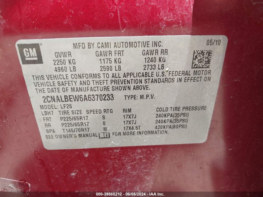 2010 Chevrolet Equinox Ls VIN: 2CNALBEW6A6370233 Lot: 39565212