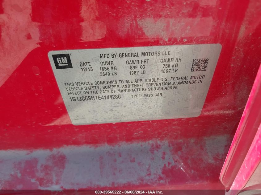 2014 Chevrolet Sonic Lt Auto VIN: 1G1JC6SH1E4144280 Lot: 39565222