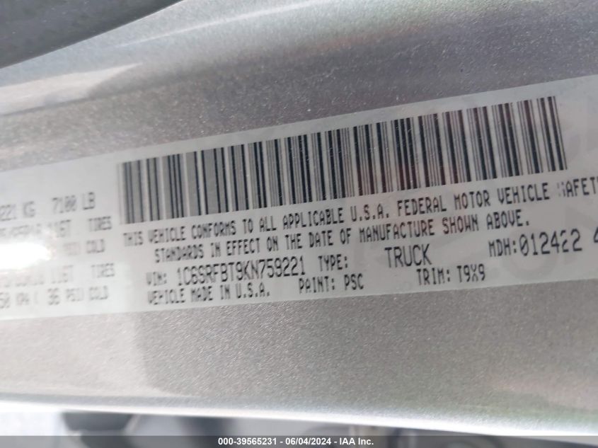 2019 Ram 1500 Big Horn/Lone Star Quad Cab 4X4 6'4 Box VIN: 1C6SRFBT9KN759221 Lot: 39565231